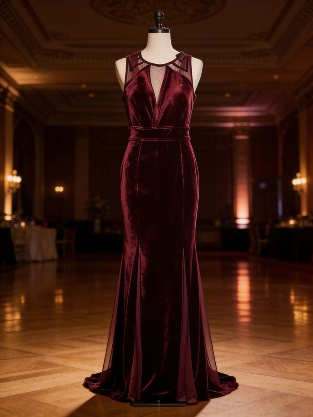Xscape Women's Burgundy Velvet Illusion Neckline Evening Gown